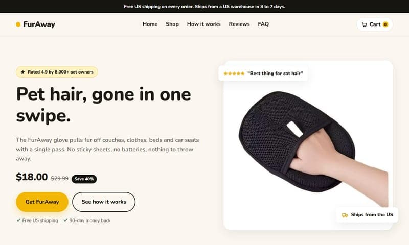 FurAway pet hair glove store homepage